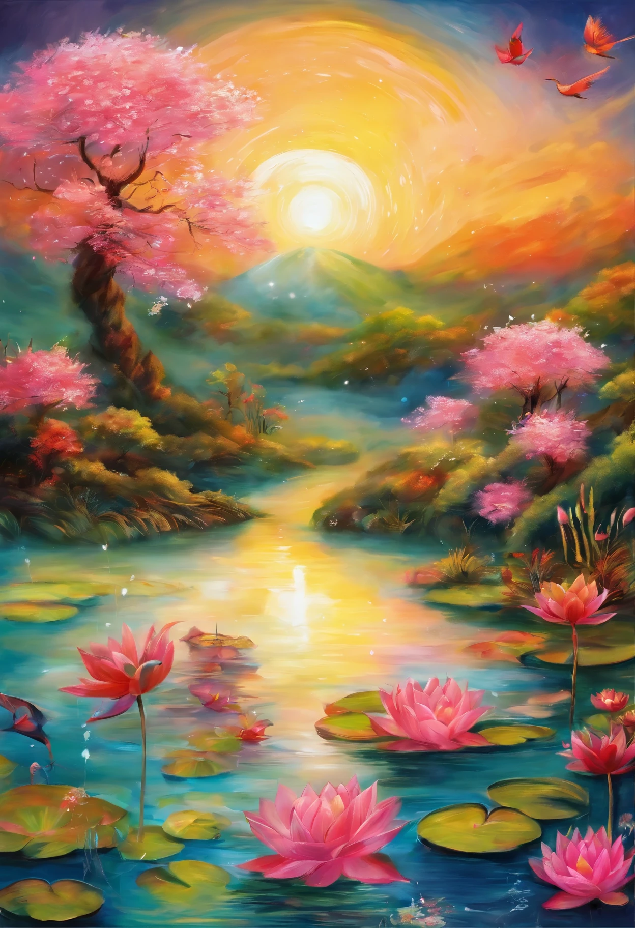 (masterpiece，Real photography，Simple composition：1.5），Mountains，White Cloud，Crane，Thatched Pavilion，Sun, Moon and Stars，Popularity，galaxy，night，moonlight over lotus pond，Beautiful artistic conception，Realistic style，Magnificent atmosphere，