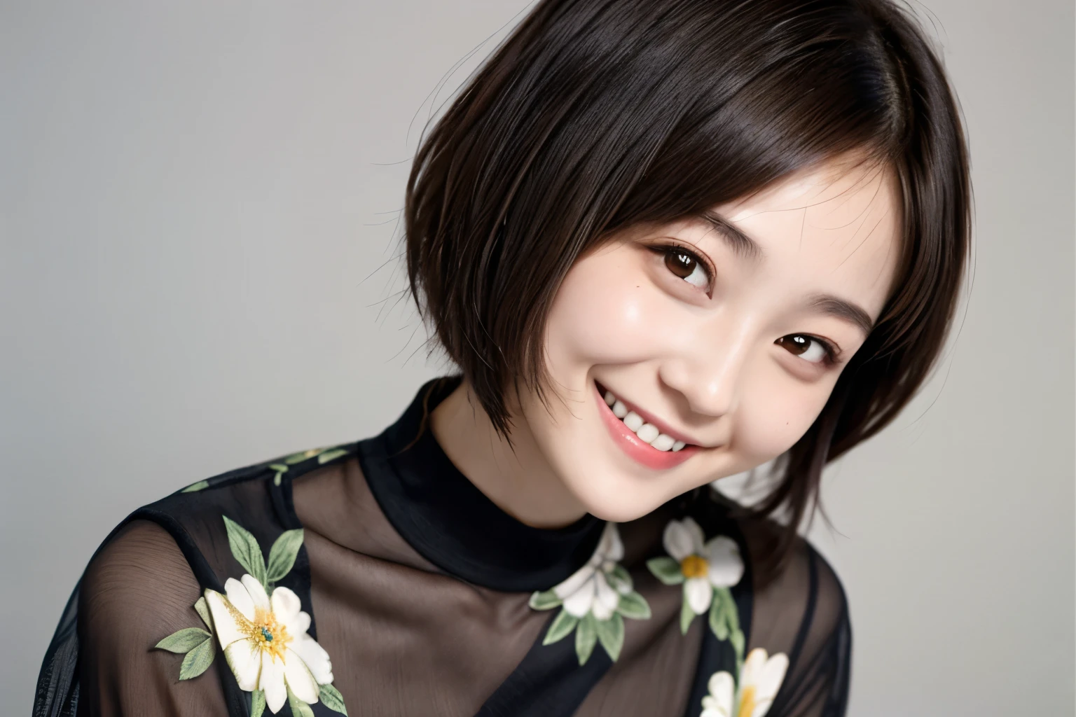 215 Short Hair, 20-year-old woman, A kind smile, Floral