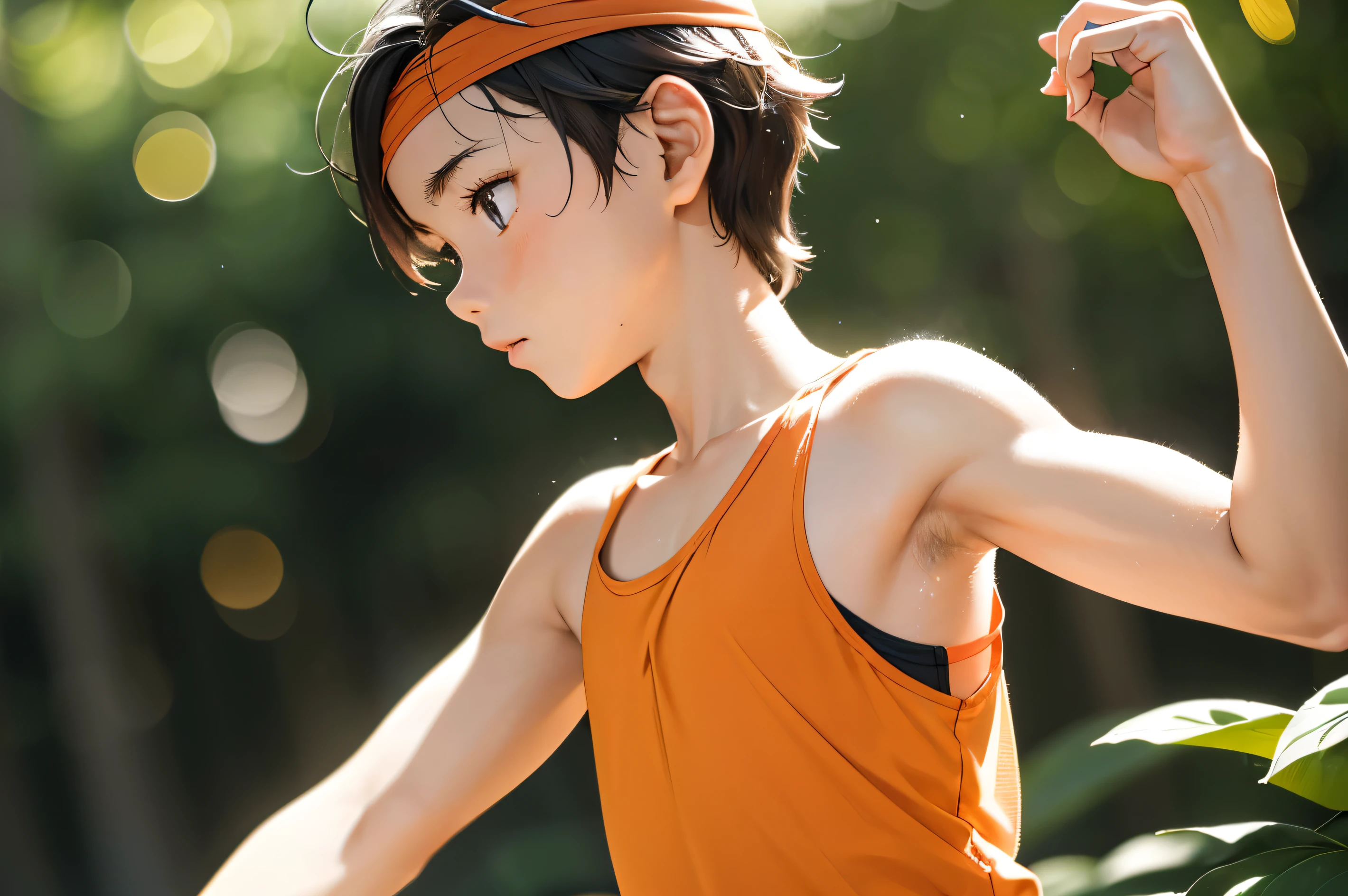 (Masterpiece),best quality,(High detail),(Realistic,) Highres, Masterpiece,Best Quality,hight quality, 1boy, Shota, Orange tank top, Wearing headband, Tank top, (Smooth armpit:1.3), (very young boy), (very small and short body), 12-year-old boys, (Showing armpit:1.3), Simple beckground, Little sweat, Uhd, bokeh, Ray tracing