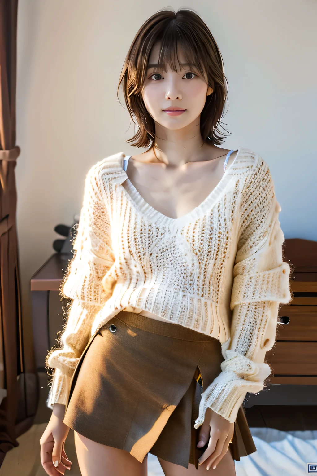 highest quality, Photorealistic, Very detailed, finely, High resolution, 8K Wallpaper, Professional, High level of detail, ((One 18 year old girl:1.2)), Slender Japanese women,Pretty lips, (Long eyelashes:1.2)、Detailed clavicle, Perfect Face, (Cute short bob hair:1.5),Top Quality，Ultra-clear resolution，Clear Eyes，Sunburned skin，Perfect breasts，have perfect legs，Focus on the legs，On the bed in a long flared skirt，As if inviting him、wearing knit sweater & miniskirt, (Flirtingly lifting her skirt to show her panties:1.5)
