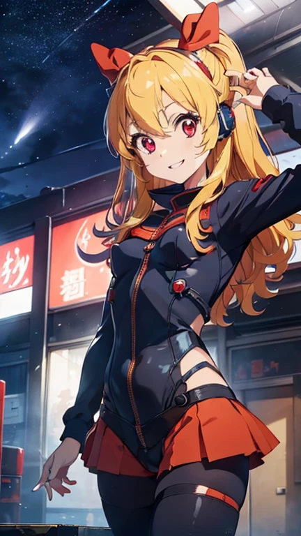 (俯瞰figure),Dynamic Angle,Very detailedな, figure, close, Straight, One girl, 
 ((Soryu Asuka Langley, Interface Headset, Red bodysuit:1.4, blonde)),Her eyes shone like dream-like stars,(Glowing Eyes:1.233),(Beautiful and detailed:1.1),(Expressionless),(Are standing), the last spell（prompt）
(masterpiece, highest quality, Ultra-high resolution, Perfect Anatomy, Very detailed),
break,
One girl,
,
Red eyes,
Twin tails,
Blonde,
big ribbon in hair,
Idol Costumes,
break,
(Pointing),
(Full Face),
Close one eye,
(Open your mouth),
Glowing Eyes,
smile,
Stage lighting,
(In a white spaceship、Mechanic room with tools and spaceship window),wariza,
(night:1.2),dream-like, [[Delicate fingers and hands:0.55]::0.85],(Finger details),