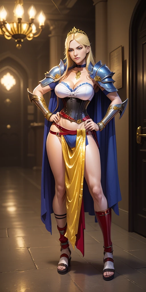 paladin lady in ornate golden armor, black collar, pauldrons, breastplate, corset, glowing halo, single braid, blonde, yellow glowing eyes, bright pupils, eye focus, red cape, temple indoors, stained glass windows, night, moonlight, particles, light beam, chromatic aberration, (full body, whole body. 1solo (girl). slave fighter, loincloth standing, hands on hips full body, whole body. 1solo (girl). slave fighter, loincloth standing, hands on hips, metal sandals, backpack, choker, big belt, view from below, feet together, bracers, tiara)