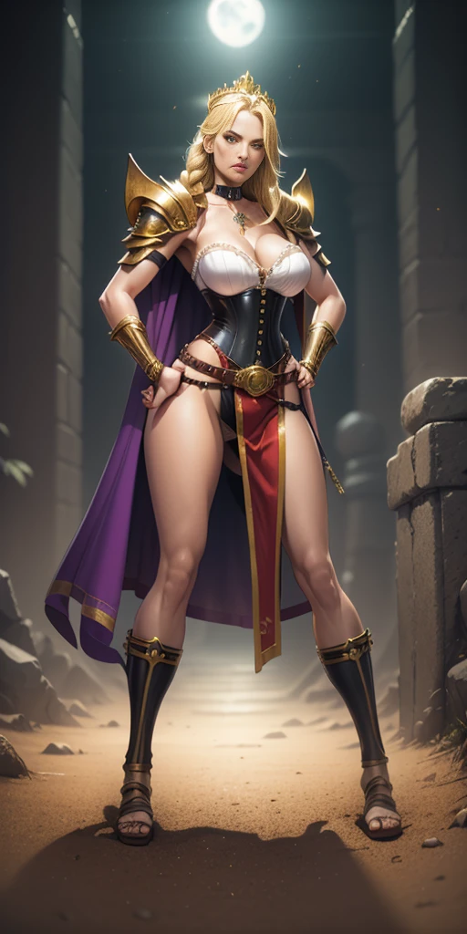paladin lady in ornate golden armor, black collar, pauldrons, breastplate, corset, glowing halo, single braid, blonde, yellow glowing eyes, bright pupils, eye focus, red cape, temple indoors, stained glass windows, night, moonlight, particles, light beam, chromatic aberration, (full body, whole body. 1solo (girl). slave fighter, loincloth standing, hands on hips full body, whole body. 1solo (girl). slave fighter, loincloth standing, hands on hips, metal sandals, backpack, choker, big belt, view from below, feet together, bracers, tiara)