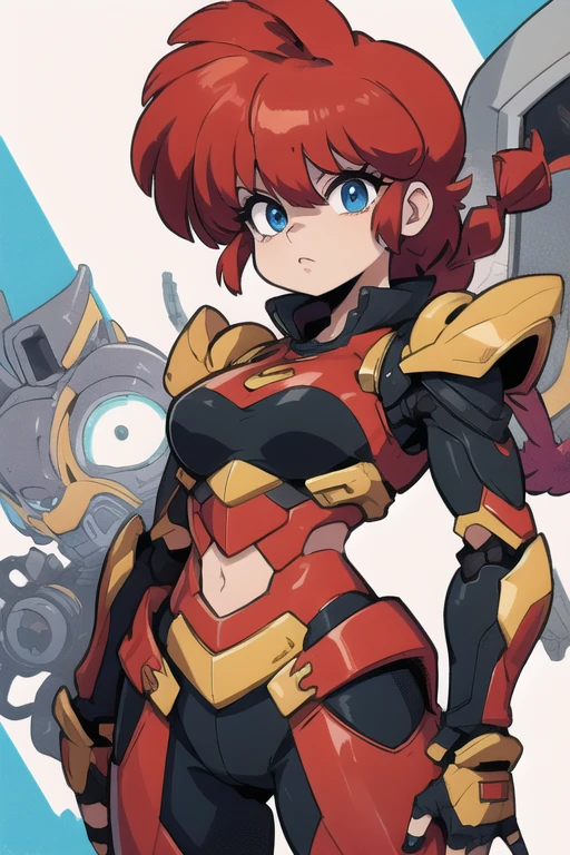 (masterpiece), (best quality), ((one girl)),((red copper hair)),(brown eyes),short hair, curly hair, anime style, freckles, (small breast), (petite figure), legs,(blue mecha armor) (full body armor),(full leg armor),(almond eyes),(tan skin), ((bunny mask)) (mecha mask)