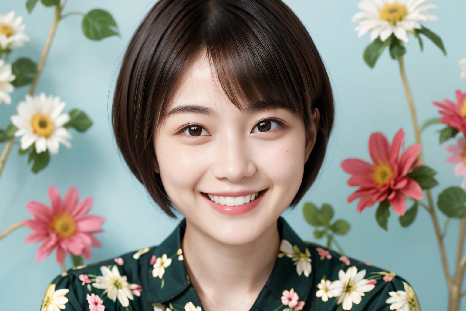 215 Short Hair, 20-year-old woman, A kind smile, Floral