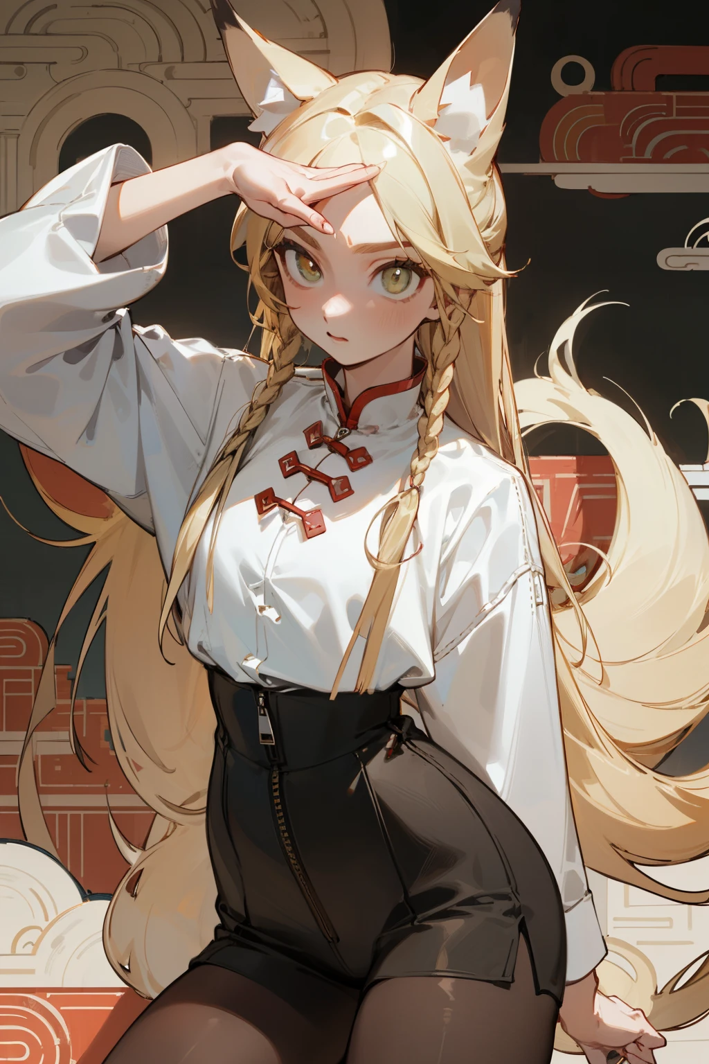(masterpiece, best quality) detailed, Wearing black tights, silver accessories , The zipper is not closed , Blonde ,elegant, (Fox ears),Red Eyeshadow, ,Chinese element pattern,thigh,漏出thigh,White shirt