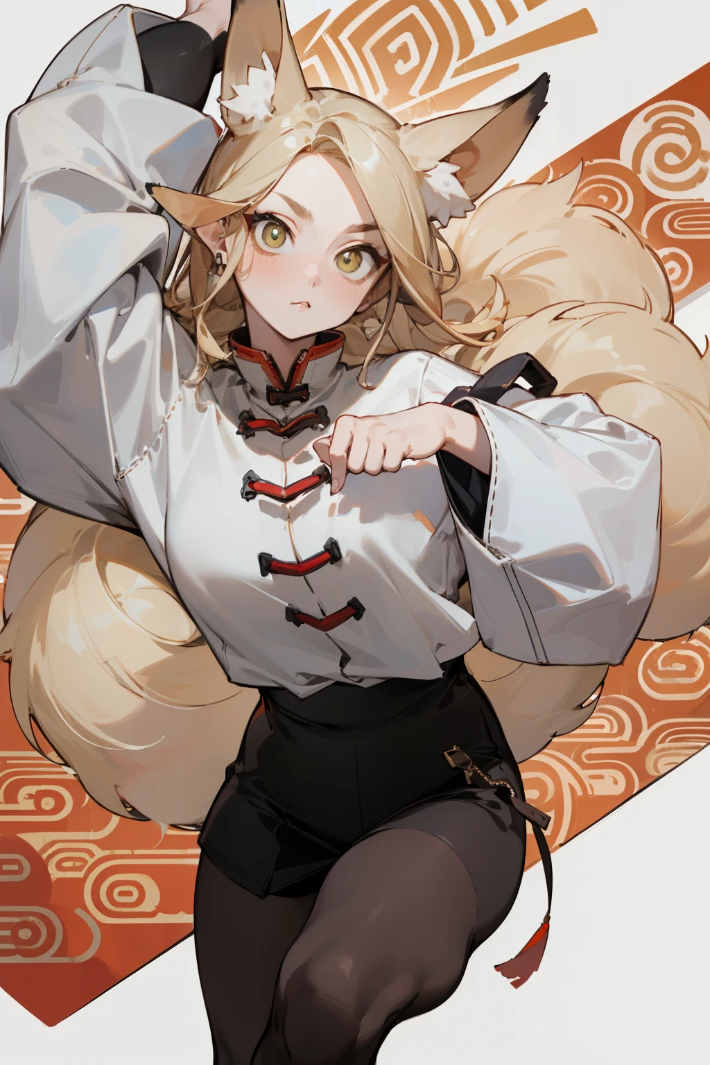 (masterpiece, best quality) detailed, Wearing black tights, silver accessories , The zipper is not closed , Blonde ,elegant, (Fox ears)，Red Eyeshadow, ，Chinese element pattern，thigh，漏出thigh，White shirt