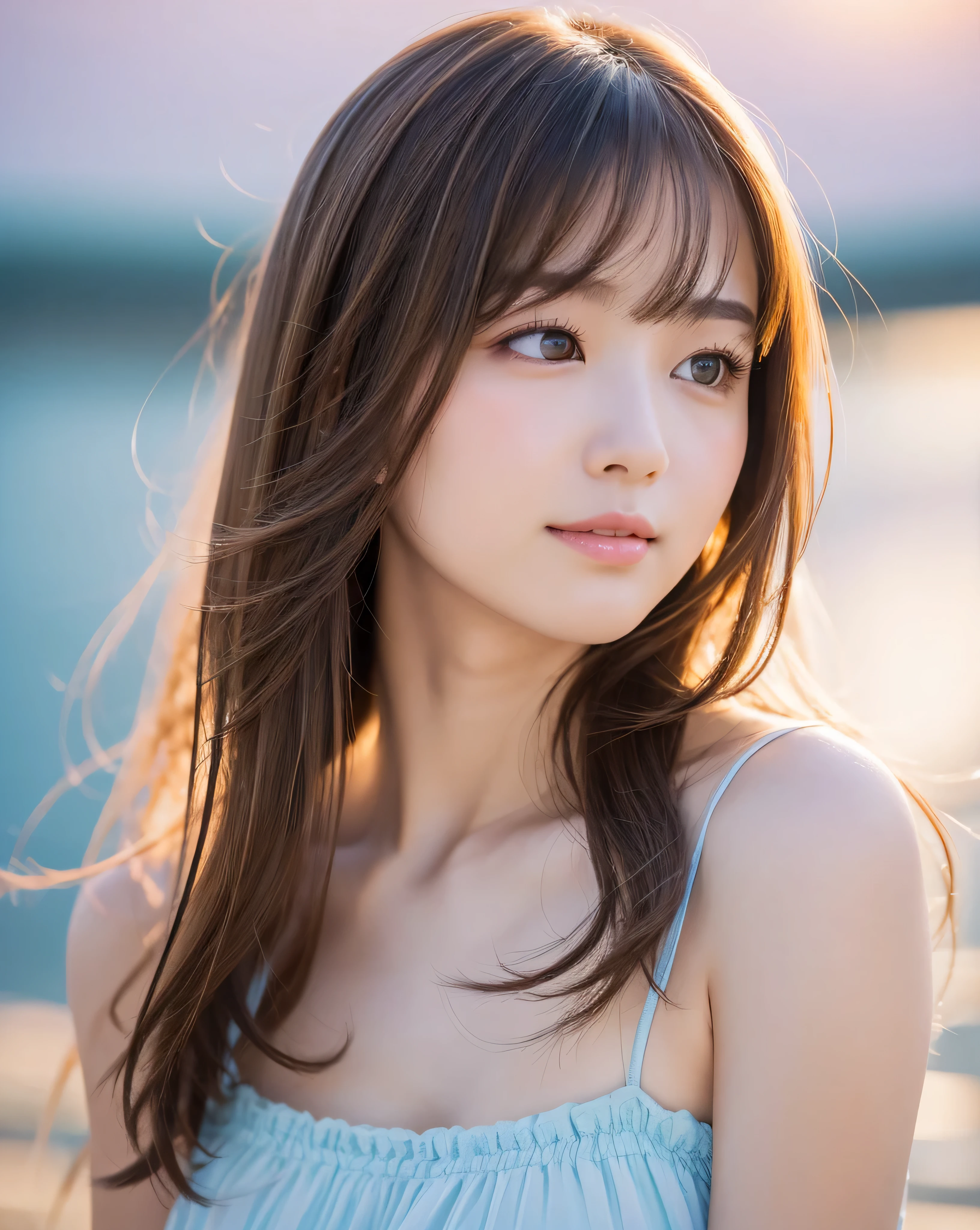 (highest quality, 32k, High resolution, masterpiece:1.5, ), Memorable photographs in an abstract style, ((In a swirl of fantastic pastel colors and soft light)), Evoking a soothing tranquility and elusive beauty, Very rich emotional expression, Have a rich imagination, Cute Japanese Girls, whole body, Unexpected angle, An exceptionally beautiful face, Magical big eyes, Profile looking up at the sky with a gentle smile, motherhood and tolerance, Overflowing affection, ((Shiny brown hair)), Beautifully styled super long silky hair, Asymmetrical bangs, Hair between the eyes, Transparent and soft white skin, Neat, thin eyebrows, double eyelid, Detailed pale pink lips, ((Light blue transparent camisole,)), High resolution perfect clavicle, Beautiful chest in high resolution, Slender body with ample breasts, High resolutionの美しい太もも, Morning Stream, Soft sunlight, Professional Lighting, Professional Photographer, Professional Model,Mysterious