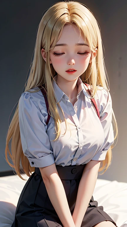 (((Vulgarity)))、((Sitting on desk in classroom)))、(((Bend the knee of the right leg)))、(((Open your mouth wide to the maximum)))、top-quality、超A high resolution、a picture、Twin-tailed、Photos of the most beautiful girls in the world、Detailed cute and perfect beautiful face、(pureerosface_v1:0.008)、alice in the wonderland、18year old、White shiny skin、Long bangs、(Golden shiny platinum blonde super long straight silky hair)、finer hair、Round face、Beautiful big pale blue eyes、Large double eyelids、eye liner、Pink Wedding Dresses、without makeup, (((Petite))), (((Little))), ((Flat)), ((skinny)),