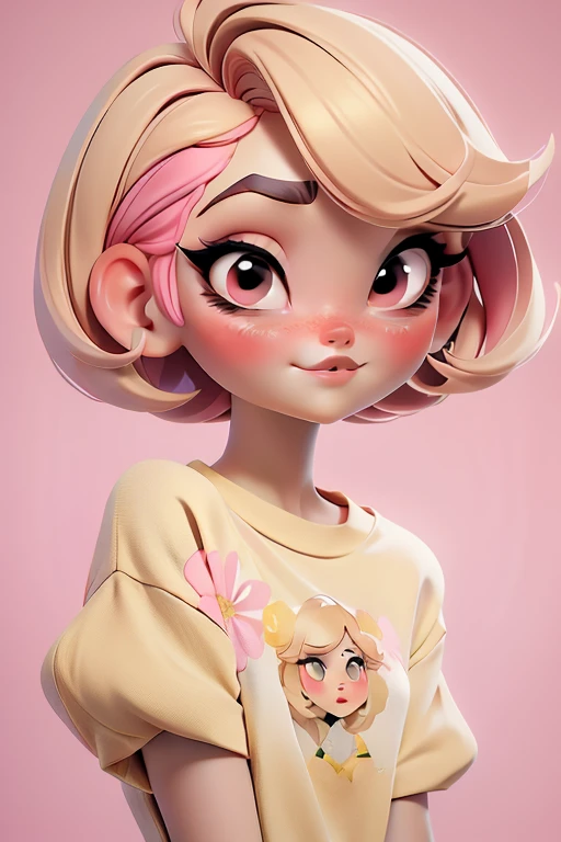 letter, 3D Face Pattern, Sweet and delicate girl, With short dyed hair ,Golden Girl,black makeup,long lashes,Pink T-shirt