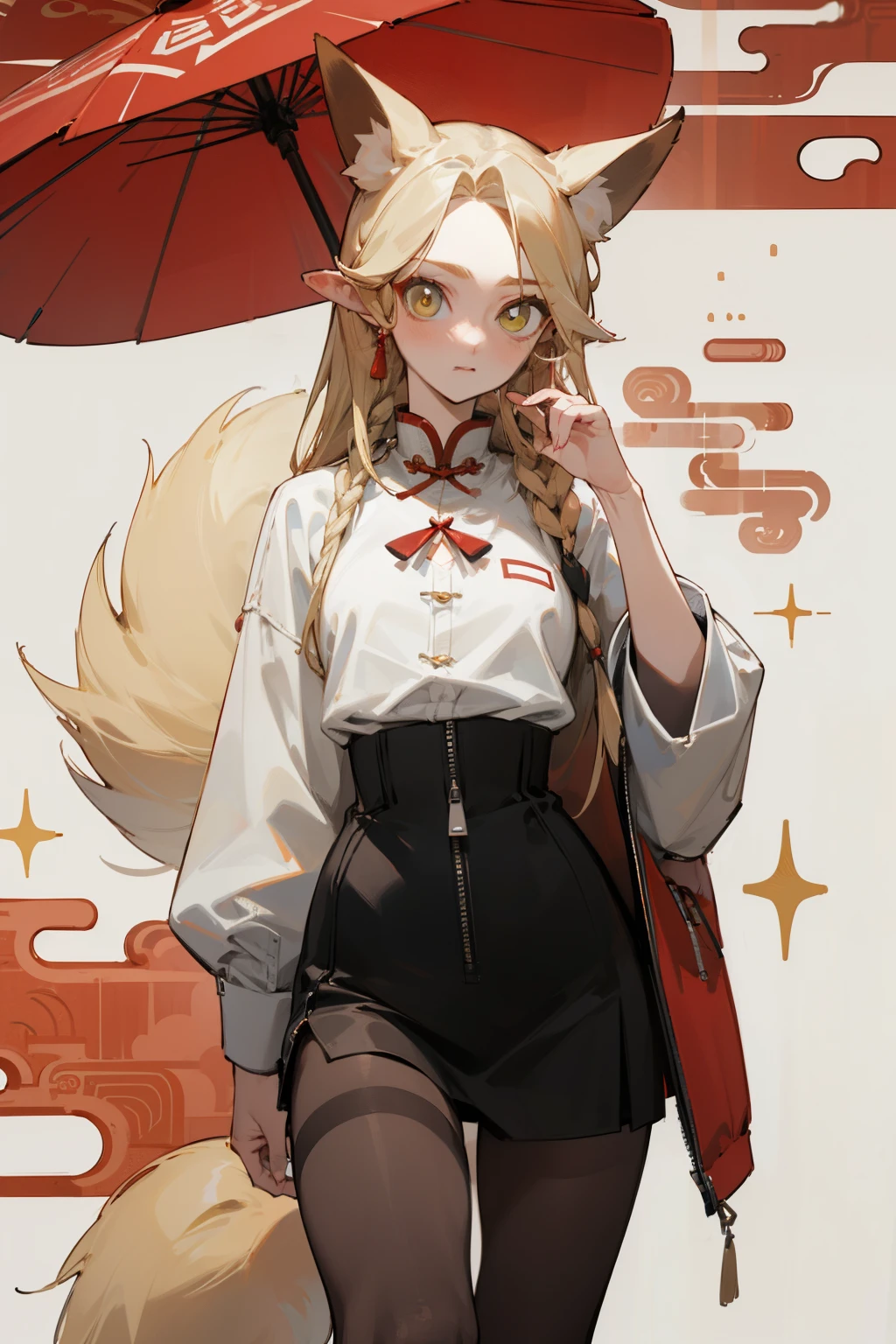 (masterpiece, best quality) detailed, Wearing black tights, silver accessories , The zipper is not closed , Blonde ,elegant, (Fox ears),Red Eyeshadow, ,Chinese element pattern,thigh,漏出thigh,White shirt