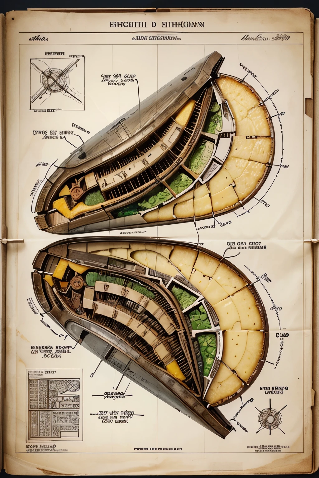 Highly detailed technical drawing of cheese The illustrations should include a side view, cross-sections, and exploded views to show both the exterior and interior organs. Labeled parts with annotations specifying materials, dimensions, and other anatomic specifications. Style vintage engineering blueprint, and educational intent