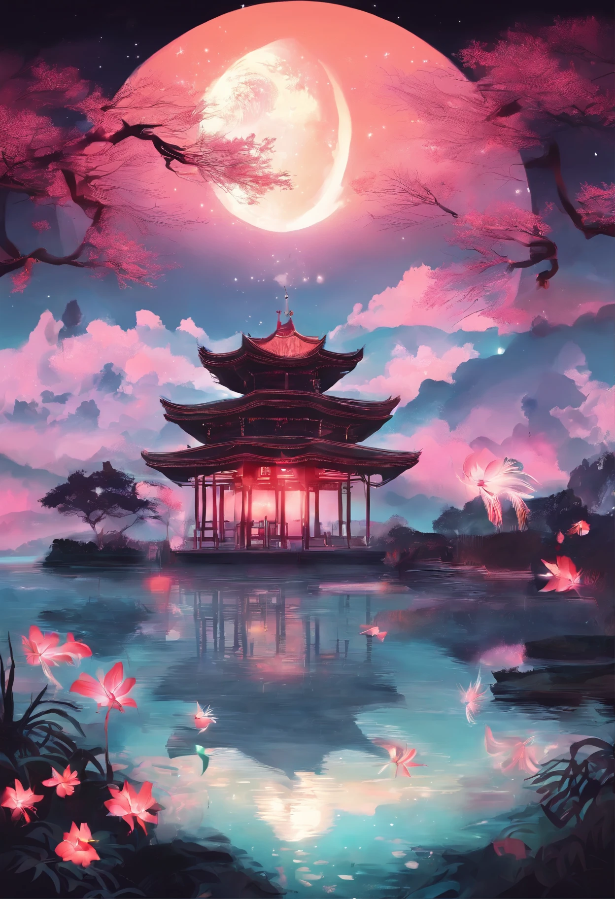 (masterpiece，Real photography，Simple composition：1.5），Mountains，White Cloud，Crane，Thatched Pavilion，Sun, Moon and Stars，Popularity，galaxy，night，moonlight over lotus pond，Beautiful artistic conception，Realistic style，Magnificent atmosphere，