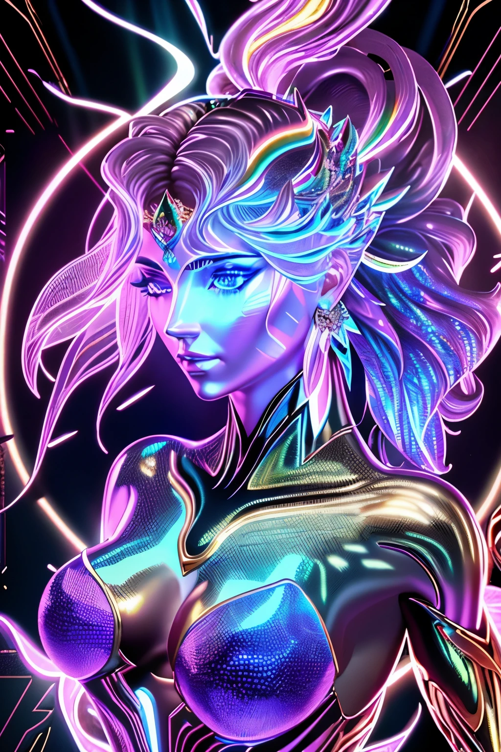 best quality, super fine, 16k, incredibly absurdres, extremely detailed, delicate, flashy and dynamic depiction, mysterious and beautiful plaster bust of Goddess, fusion with iridescent holograms, iridescent holographic projection, room surrounded by prism walls, scattering light