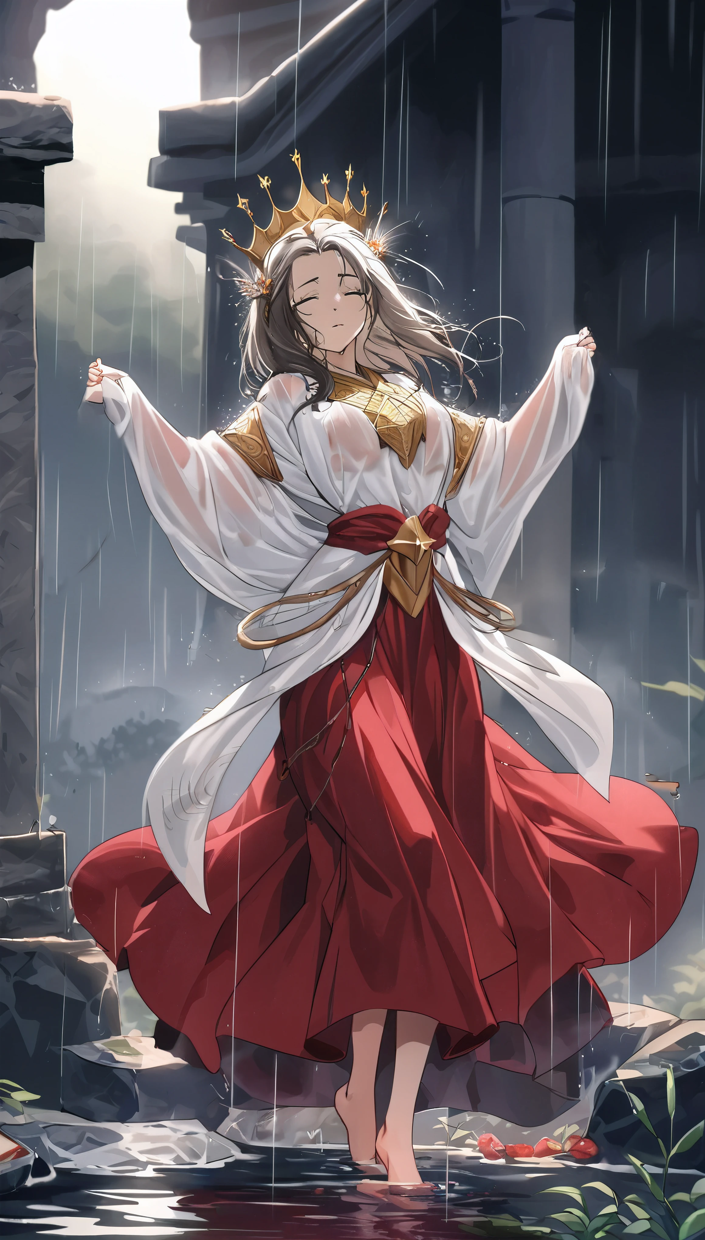 best quality,4k,8k,highres,masterpiece:1.2,ultra-detailed,realistic:1.37,ultra-fine painting,sharp focus,physically-based rendering,extreme detail description,professional,vivid colors,bokeh,royal character,flowing magic robe,anime goddess,flowing robe,anime style,red dress,crown,wet in the rain,beautiful girl,portraits,color palette: deep red and blue,enchanted atmosphere,mysterious lighting,ethereal beauty,graceful pose,Chinese costume,white flowing robe,white hair goddess,anime-style destiny