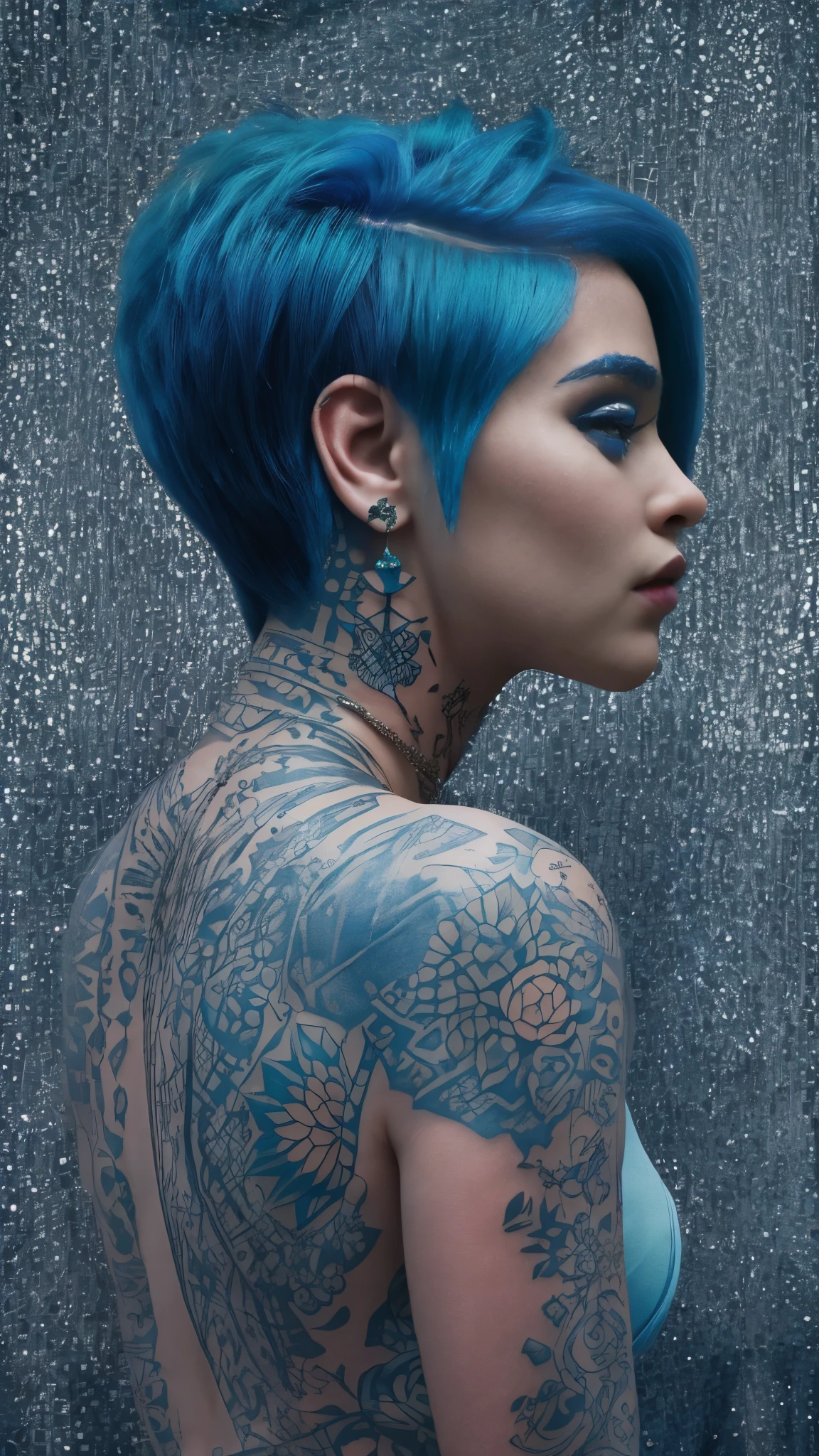 a woman with short blue hair styled to one side, adorned with tattoos on her back. Her vibrant blue hair contrasts beautifully with the intricate tattoos, each design telling a story of expression and artistry. The scene captures a moment of self-expression and individuality, where the woman's unique style and tattoos reflect her inner creativity