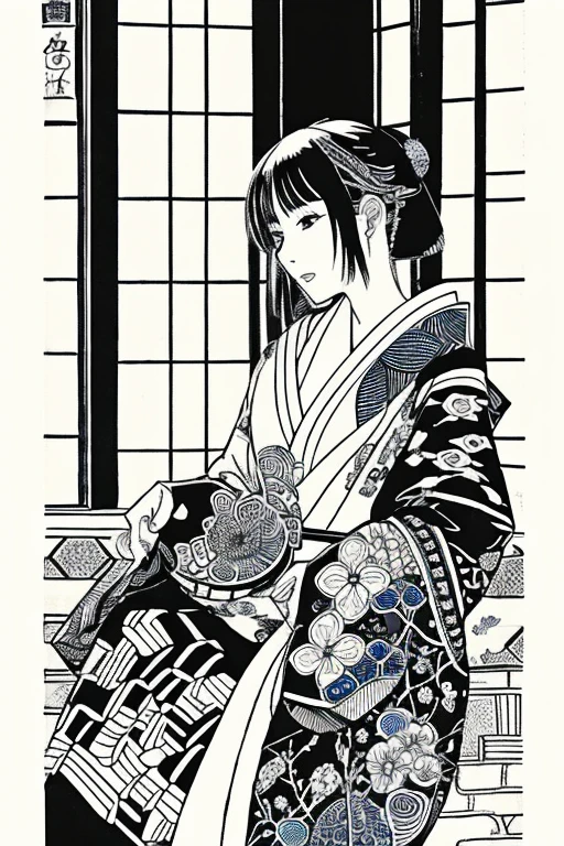 Japanese painting、Ink painting、Japanese traditional patterns、、Adult coloring bookonochrome drawing,Black and White、Ise Katagami、