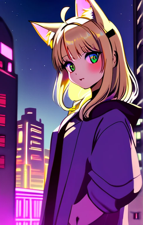 girl, The neon glow of the city, Dreamy blonde with cat ears, Mystery of the Night , atmosphere, A curious and confident gaze, Soft Digital Radiance, Adorable cat characteristics