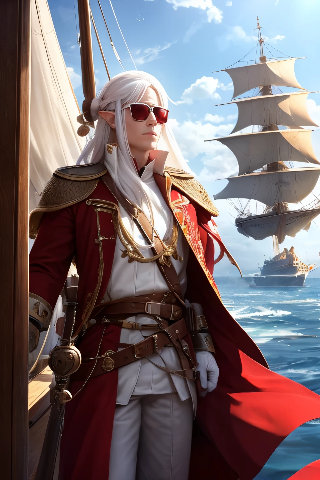 White hair,tricorn hat,Red sunglasses,Elf、captain,travelling poet,Airship