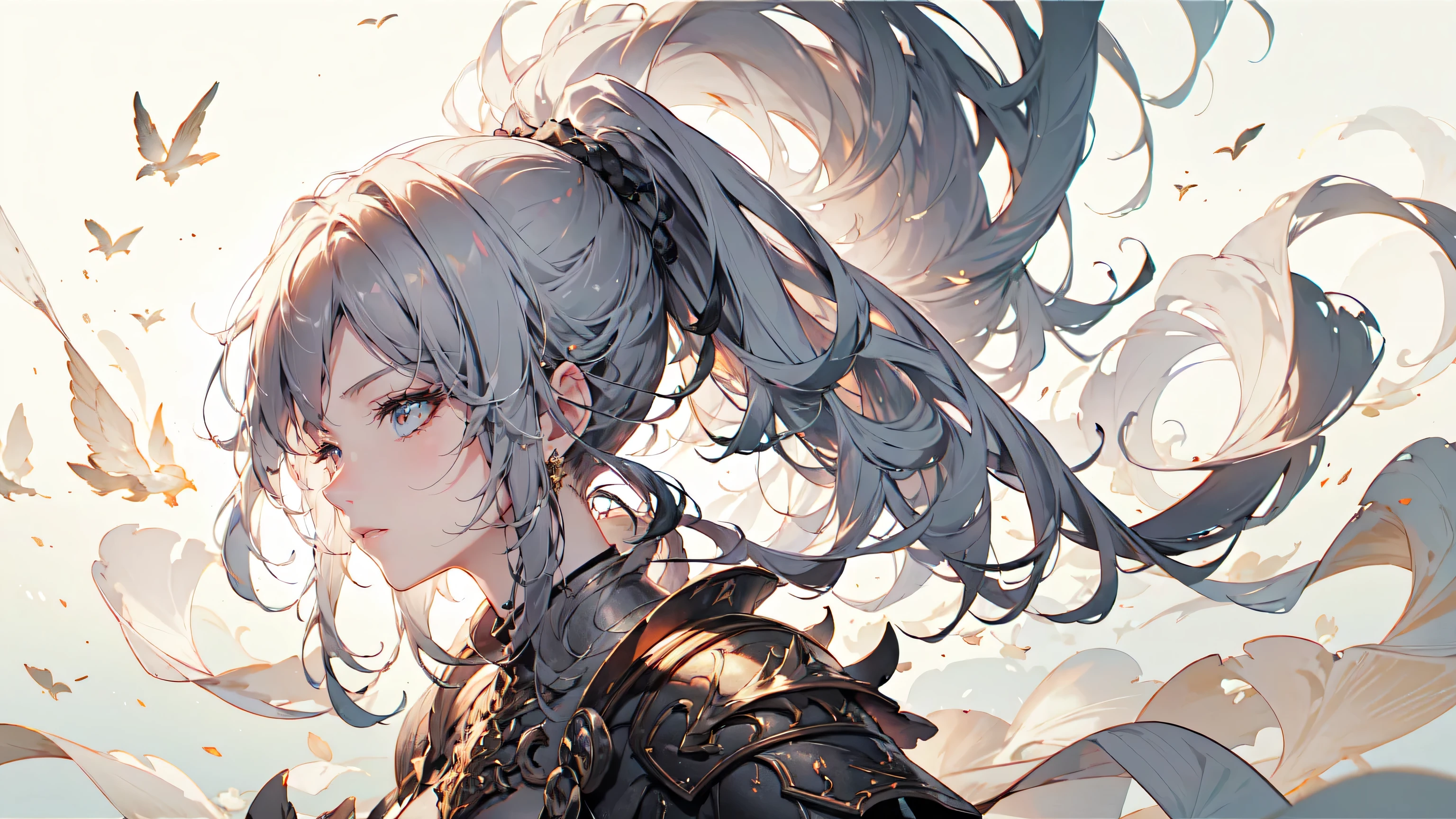 Ponytail,best quality,ultra-detailed,portraits,light,peaceful,captivating,long white hair,armor,dark background,delicate features,subtle colors,Ethereal Beauty,graceful pose