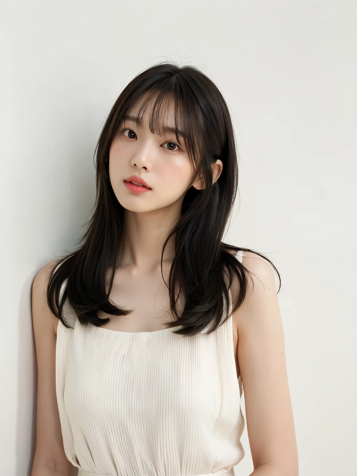 See-through tops、Stylish spring clothes、Silky hair、(背景にWhite wall、Some of her hair is yellow:1.4)、White wall、Taken in front of a white door、(窓のあるWhite wallの部屋)、((highest quality、8k、masterpiece:1.3))、Ultra-high resolution、(photoGenuineistic:1.4)、RAW Photos、Japanese,(Detailed aspect)、Genuine、Photographed in natural light、Highly detailed face and skin texture、Highly detailed lips、The correct state of the human body、Medium Hair、Black Hair、Various poses、Natural color lip