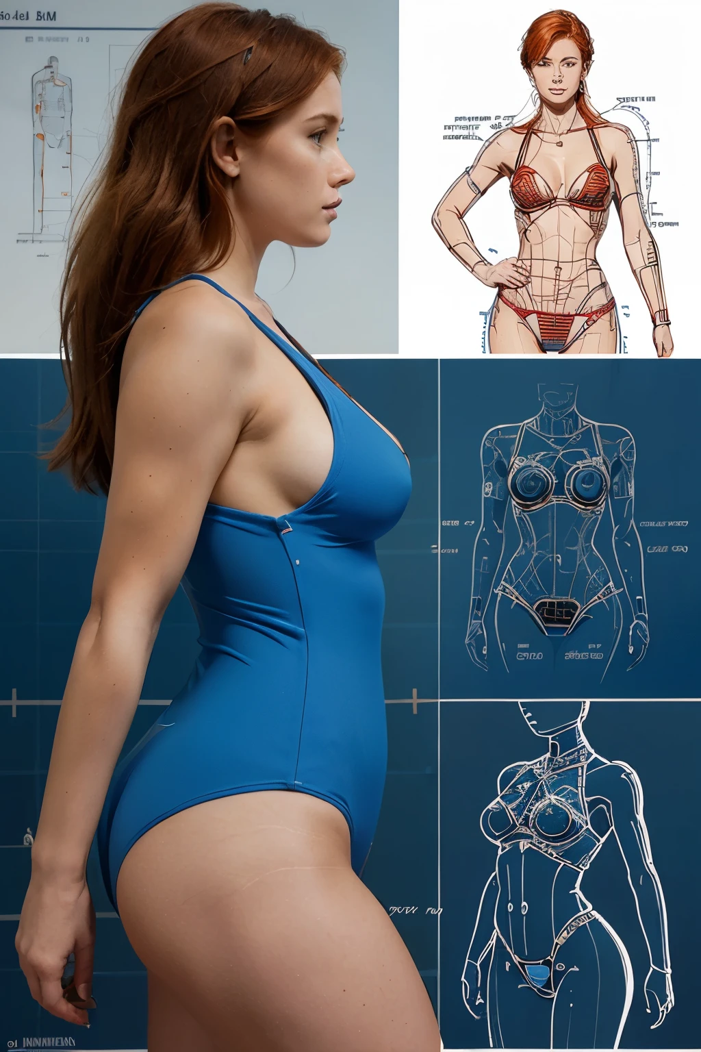 Highly detailed technical drawing of a redhead woman wearing blue swimsuit The illustrations should include a side view, cross-sections, and exploded views to show both the exterior and interior organs. Labeled parts with annotations specifying materials, dimensions, and other anatomic specifications. Style vintage engineering blueprint, and educational intent