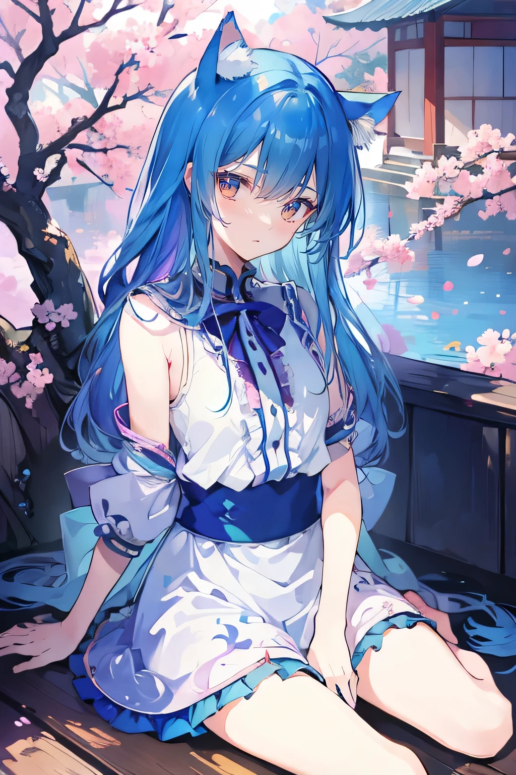 (masterpiece:1.2),ultra-detailed,realistic,expressive eyes,fair-skinned,perfectly shaped face,1girl,
Japanese cartoons,Gorgeous blue hair, flowing blue hair,floating clothes,cat ears,petals falling,beautiful Lola,Hina Angel,
hands on waist,gracefully sitting on the ground,legs crossed,gentle and serene background,cool and comfortable pavilion.