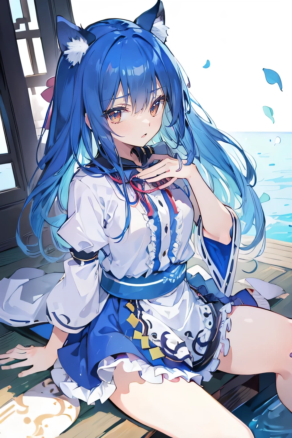 (masterpiece:1.2),ultra-detailed,realistic,expressive eyes,fair-skinned,perfectly shaped face,1girl,
Japanese cartoons,Gorgeous blue hair, flowing blue hair,floating clothes,cat ears,petals falling,beautiful Lola,Hina Angel,
hands on waist,gracefully sitting on the ground,legs crossed,gentle and serene background,cool and comfortable pavilion.