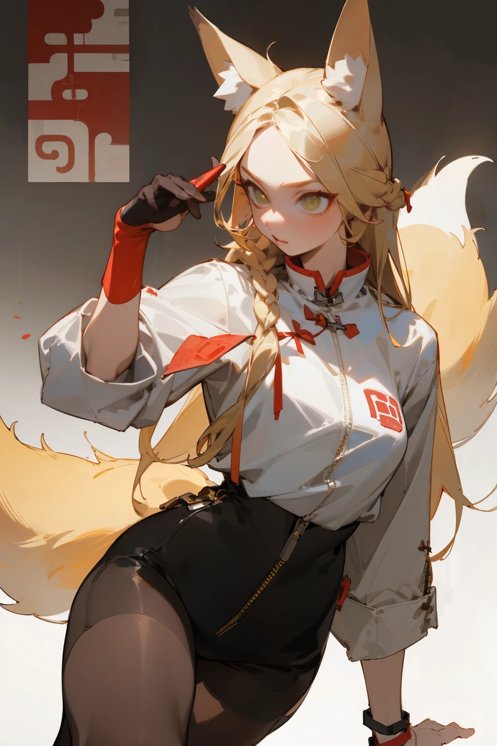 (masterpiece, best quality) detailed, Wearing black tights, silver accessories , The zipper is not closed , Blonde ,elegant, (Fox ears),Red Eyeshadow, ,Chinese element pattern,thigh,漏出thigh,White shirt