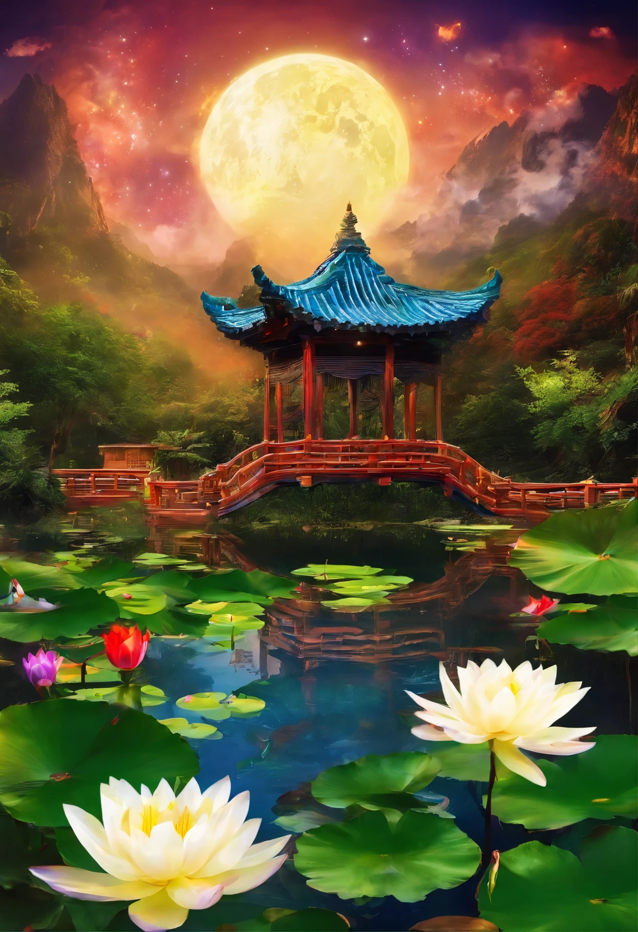 (masterpiece,Real photography,Simple composition:1.5),Mountains,White Cloud,Crane,Thatched Pavilion,Sun, Moon and Stars,Popularity,galaxy,night,moonlight over lotus pond,Beautiful artistic conception,Realistic style,Magnificent atmosphere,
