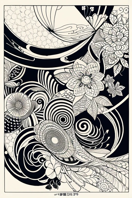 Adult coloring bookonochrome drawing,Black and White、Ise Katagami、Japanese painting、Ink painting、Japanese traditional patterns、、