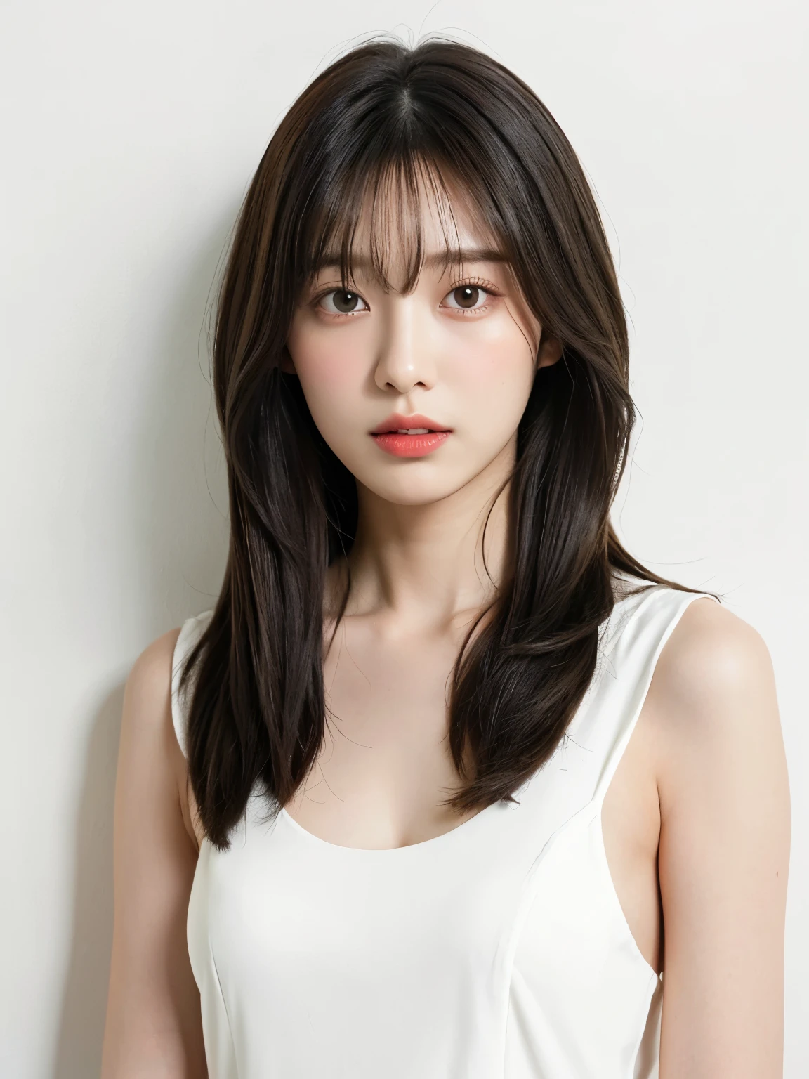 See-through tops、巨乳、キャミソール、(背景にwhite wall、Part of her hair is Mint green:1.4)、white wall、Taken in front of the white door、(窓のあるwhite wallの部屋)、((highest quality、8K、masterpiece:1.3))、ultra high resolution、(photorealistic:1.4)、raw photos、Japanese,(details face)、real、Shot in natural light、Highly detailed face and skin texture、highly detailed lips、correct state of the human body、bob hair、black hair、various poses、natural color lip