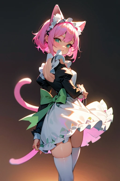 best quality,4k,highres),ultra detailed,realistic:1.37, Pink hair, short hair, deep emerald green colored eyes, small breasts, body, short body, large magical collar, slave, cat girl, cat tail, servant, sexy, cute, shy look, tied up, in a dungeon, mischievous expression, bratty, short maid dress, thigh high leggings, ta maid, white dress, black and green dress, revealing dress, exposed thighs, detached sleeves