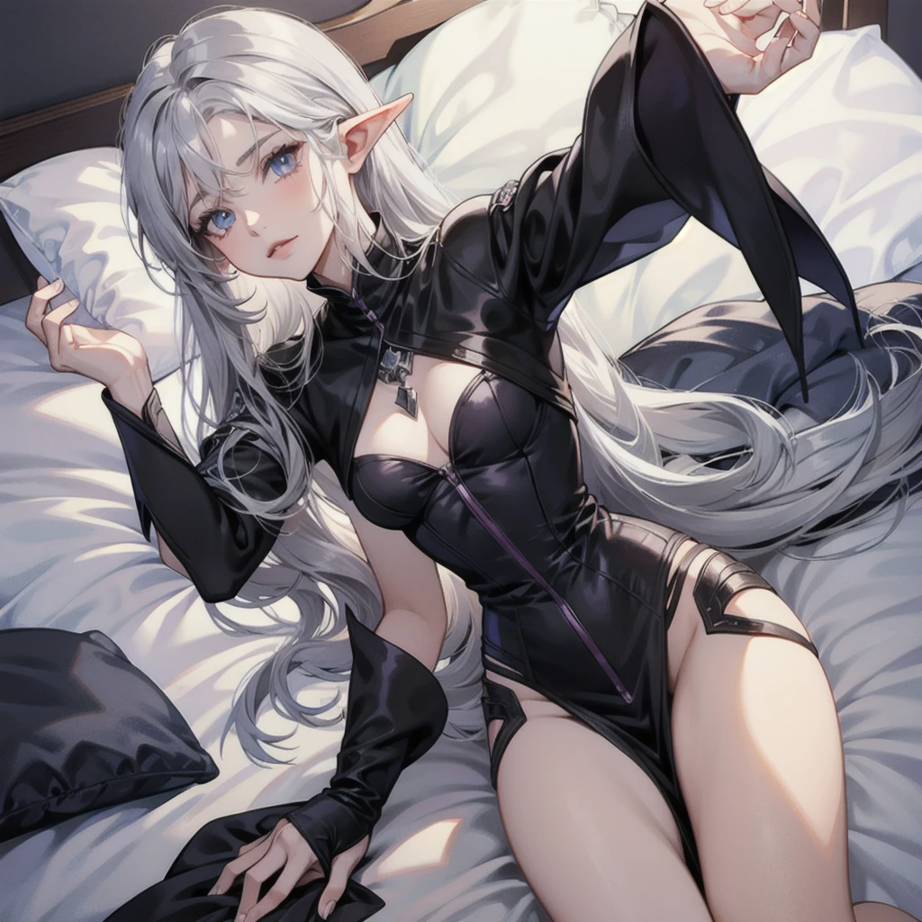 DARK ELF FEMALE, silver long hair, no hands, on bed