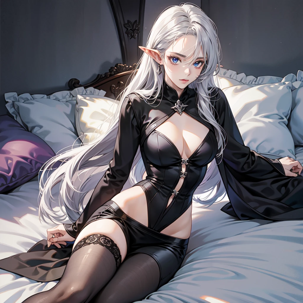 DARK ELF FEMALE, silver long hair, no hands, on bed