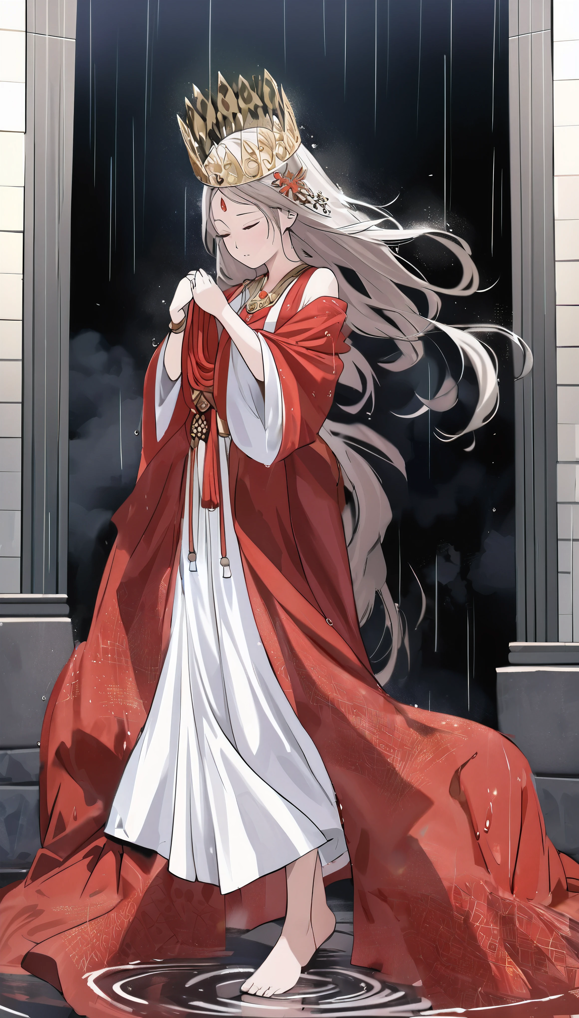 (ultra-detailed, realistic:1.37),(best quality,4k,8k,highres,masterpiece:1.2),long red dress wearing,crown on top of head,floating long hair and robe,white-haired deity,palace,girl in traditional Chinese costume,flowing magical robes,floating robes,wearing flowing cloak,wearing flowing robes,wearing red robe,grayscale photo of a girl wearing a noble robe
