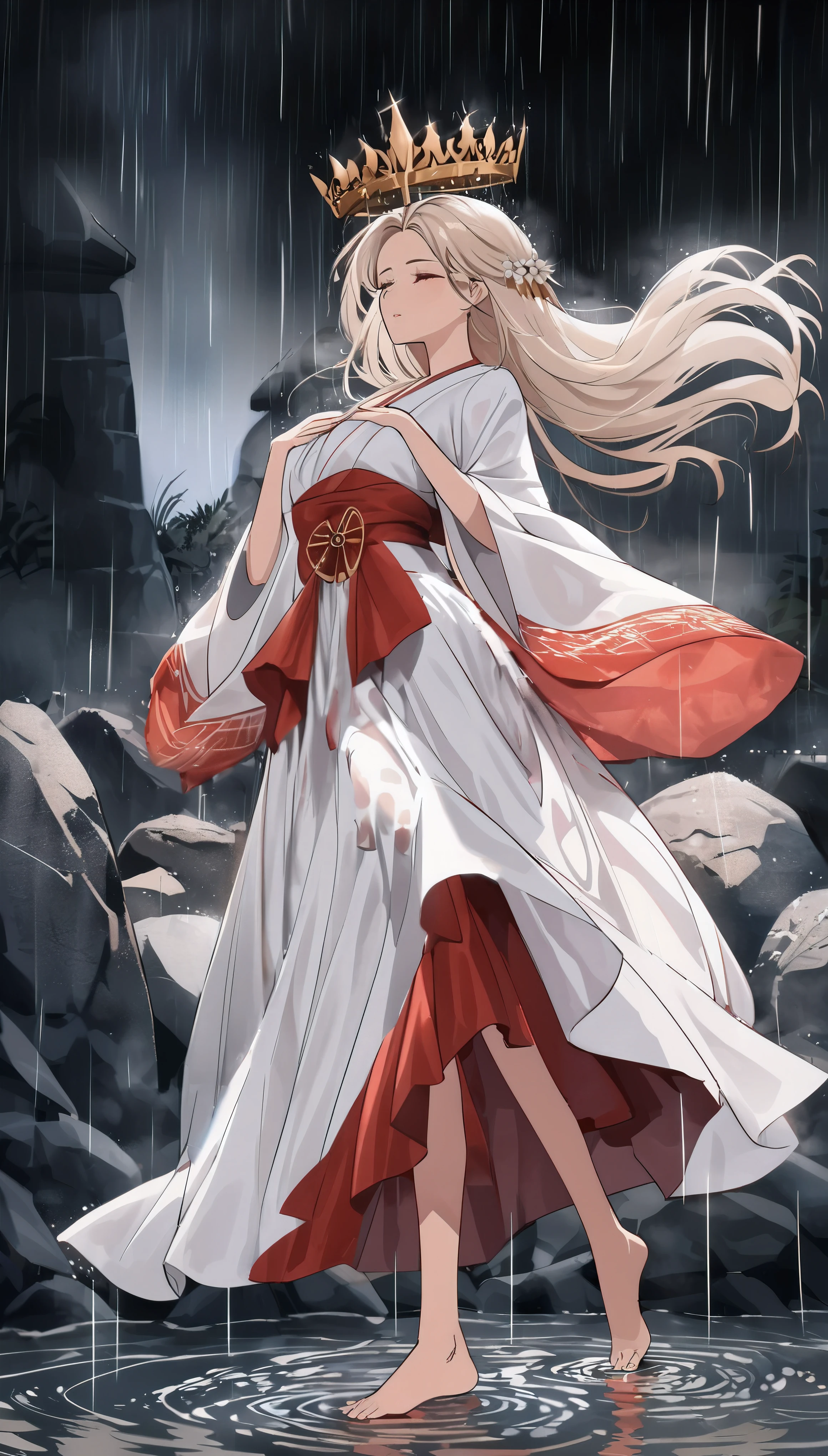(best quality,4k,highres,masterpiece:1.2),(ultra-detailed,realistic:1.37),(anime,portrait),(long-haired),(royal crown),(beautiful white dress),(flowing robe),(white-haired goddess),(magical flowing robe),(Chinese traditional costume),(blonde long-haired anime girl),(elegant white robe),(adorable anime girl in a beautiful dress),(scenic palace),(walking in the rain)