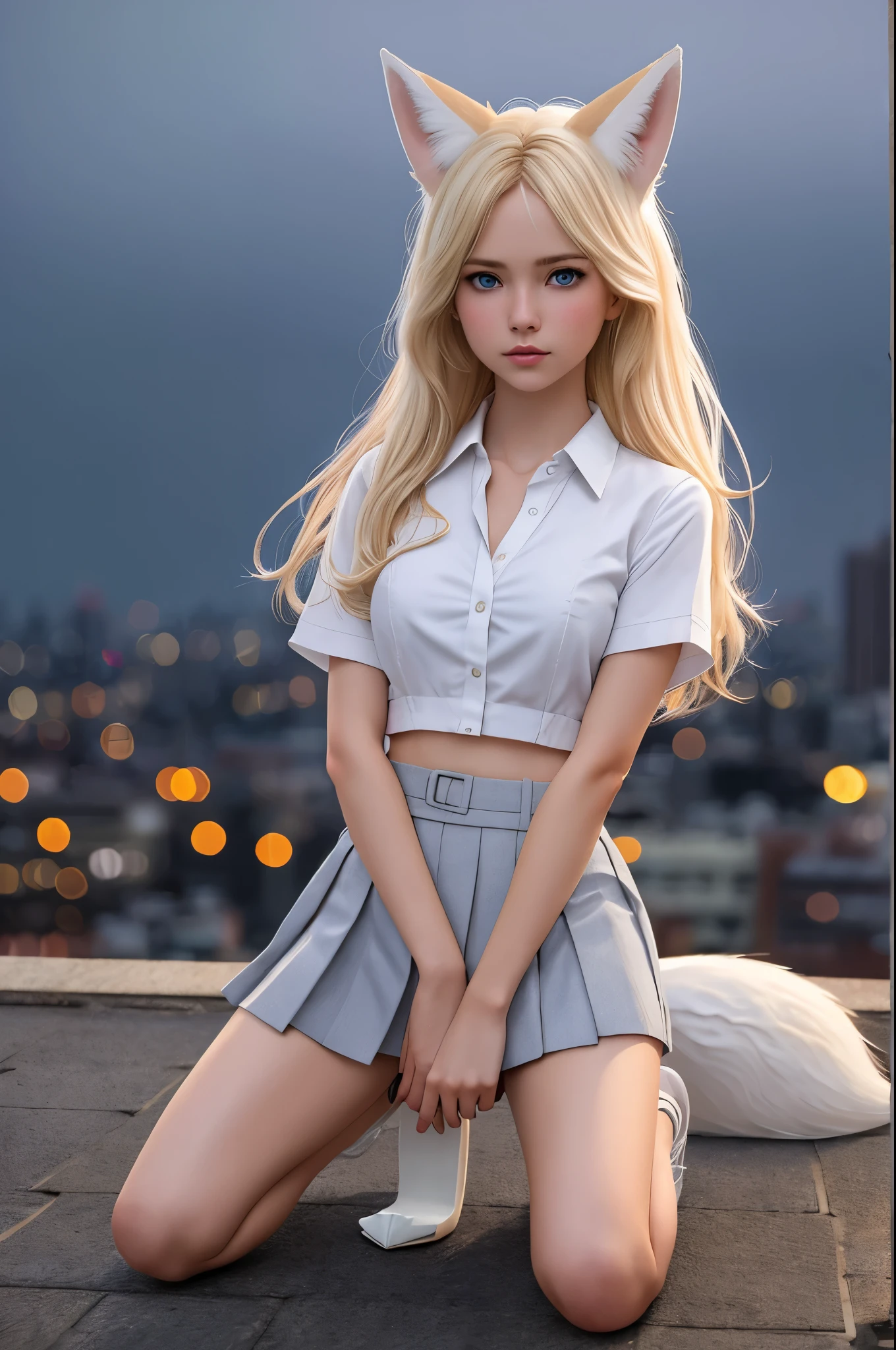 close up 1girl in, teenager, Solo, Aesthetic artwork, blond, straight blonde hair, super long blonde hair, light blue eyes,  some small freckles, pale skin, small breasts, cleavage, runners body, (thin hips, thin waist: 1.25), detailed skin, neutral face, parted lips,(action shot kneeling: 1.25), wearing a short sleeve button down white blouse, unbuttoned, short pleated skirt, school girl uniform, (white fox ear, white fox tail:1.25), (full body: 1.1), very detailed city roof background, rooftop, overlooking midnightcity, 24mm, 4k textures, soft cinematic light, RAW intricate, elegant, highly detailed, sharp focus, ((((cinematic look)))), soothing tones, insane details, intricate details, hyperdetailed, low contrast, soft cinematic light, dim colors, exposure blend, hdr, faded