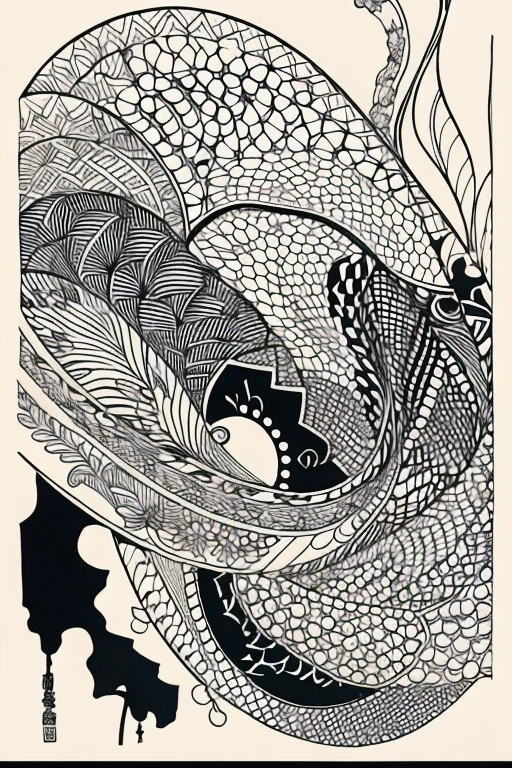 Adult coloring bookonochrome drawing,Black and White、Ise Katagami、Japanese painting、Ink painting、Japanese traditional patterns、、