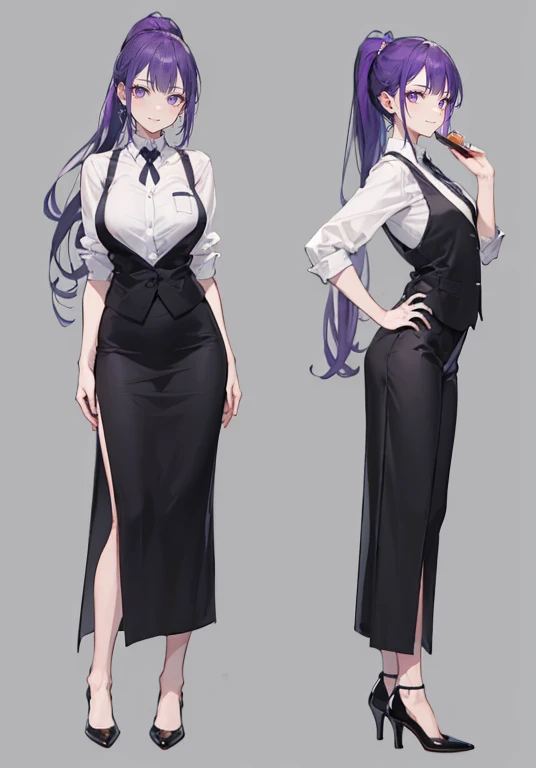 ((Perfect Face)),Purple Hair,A neat long ponytail,1 female,bartender,suit,Black vest,Shirt with rolled up sleeves,tie,slit,High heels,Stand with your feet shoulder-width apart,beautiful posture,standing tall,,((Simple Background)),smile,((whole body)),((Full Body)),((full body)),Portraiture,virtual,upright,,((Both arms are down)),Standing upright with face and body facing forward,