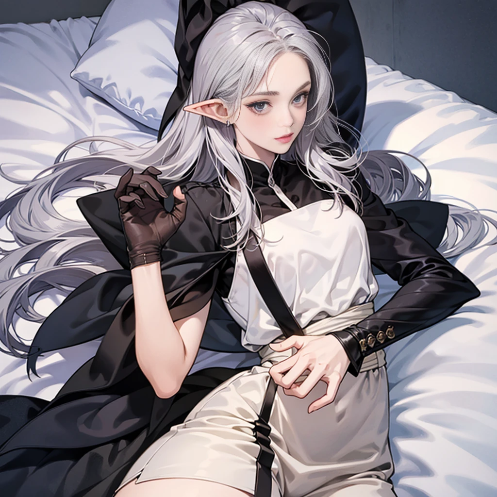 DARK ELF FEMALE, silver long hair, no hands, on bed