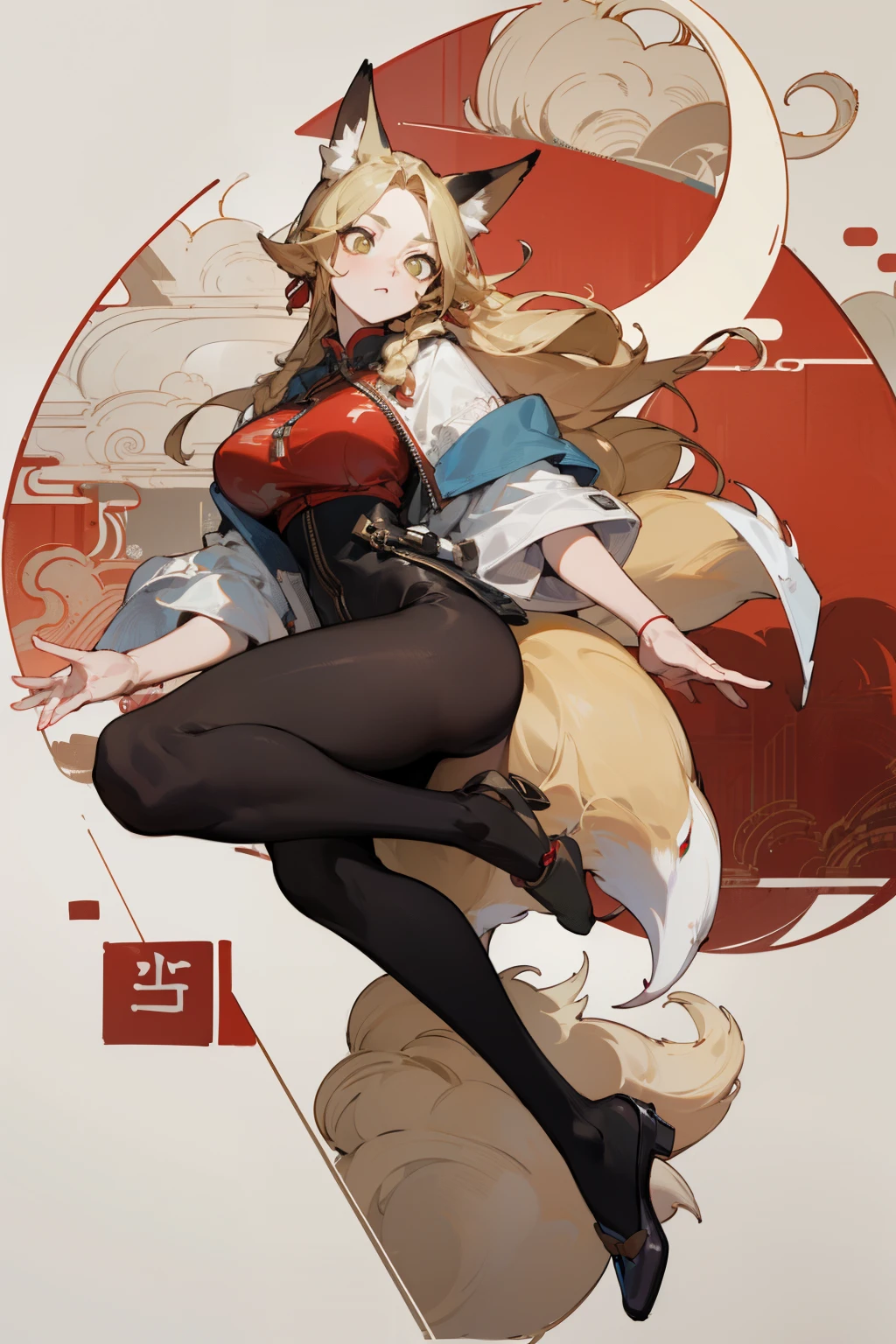 (masterpiece, best quality) detailed, Wearing black tights, silver accessories , The zipper is not closed , Blonde ,elegant, (Fox ears)，Red Eyeshadow, ，Chinese element pattern，thigh，漏出thigh，whole body，Large Breasts