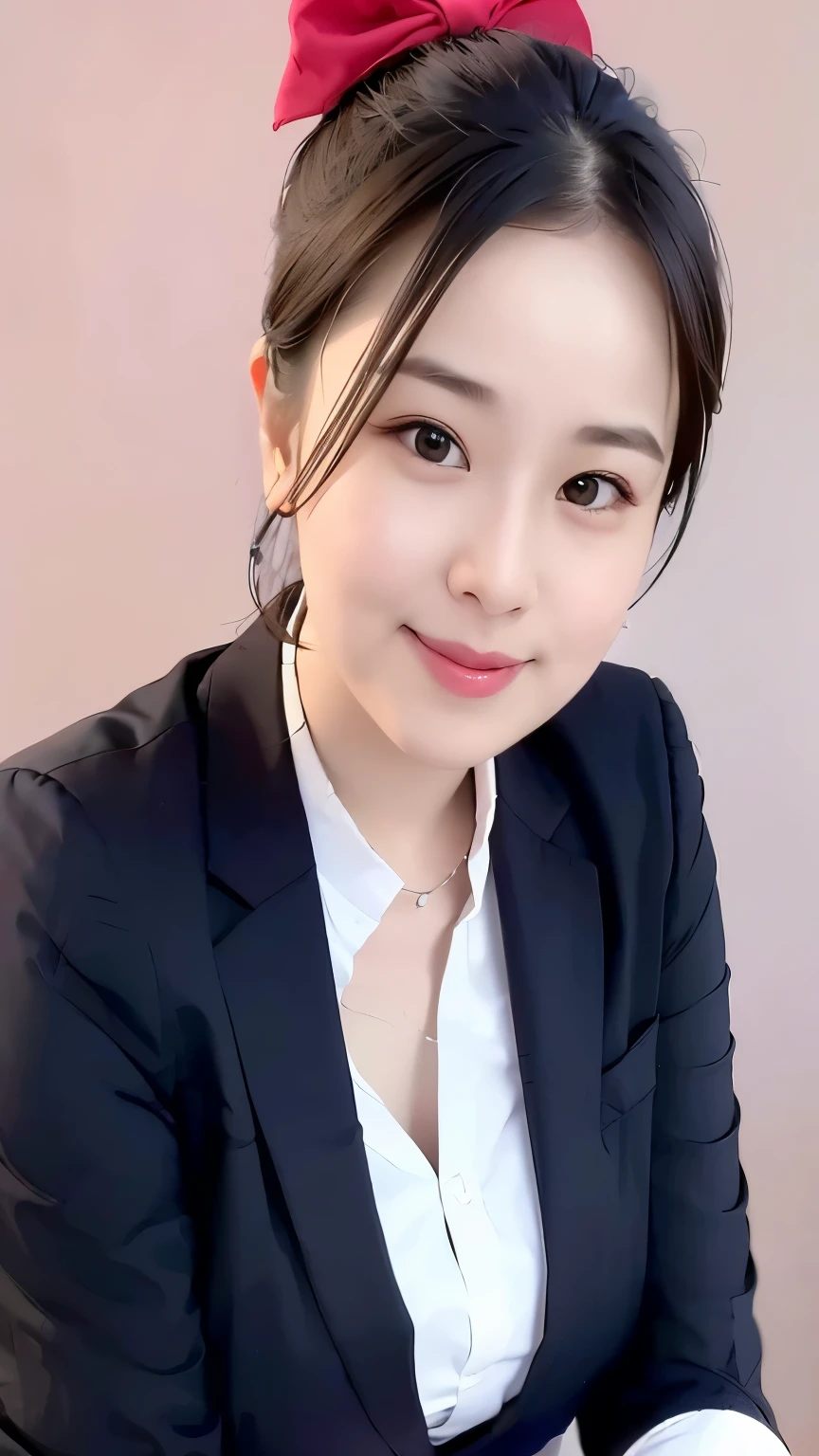 best quality,masterpiece,ultra high resolution,(lifelike:1.4),1 girl portrait,facial focus, wearing white shirt,red bow tie,Gray blazer,Wearing a silver necklace around the neck,ponytail,charming neck,a fat face,charming smile,short hair,hair tied up,in studio, Soft pink background