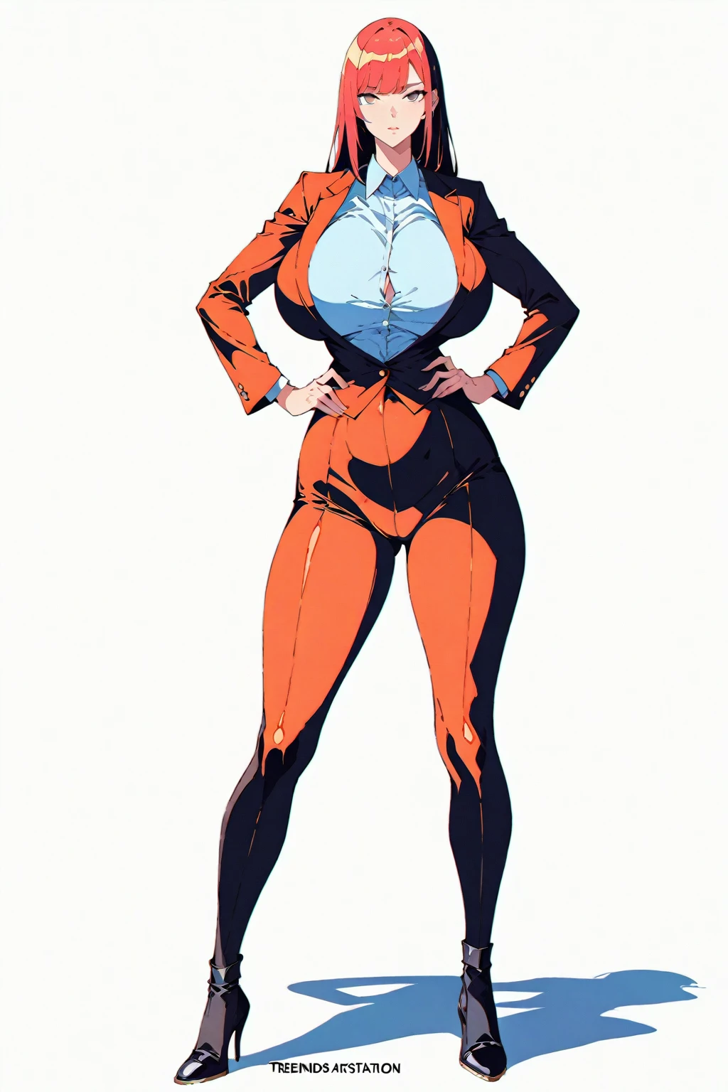 (masterpiece, bestquality, ultra-detailed, 8K high resolution, artstation on trending, Detailed Design:1.5),
wind,
(flat design, ligne claire, photorealistic),
(1girl, fullbody, looking at viewer, front view), (standing contrapposto pose, spread legs, Hands on hips),
(white background:1.5),
(business suit, impossible clothes, extremely gigantic saggy breasts)
