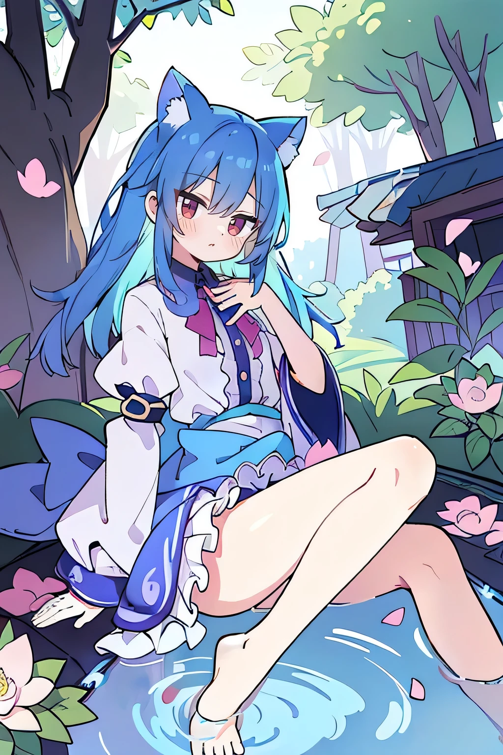 (masterpiece:1.2),ultra-detailed,realistic,expressive eyes,fair-skinned,perfectly shaped face,1girl,
Japanese cartoons,Gorgeous blue hair, flowing blue hair,floating clothes,cat ears,petals falling,beautiful Lola,Hina Angel,
hands on waist,gracefully sitting on the ground,legs crossed,gentle and serene background,cool and comfortable pavilion.