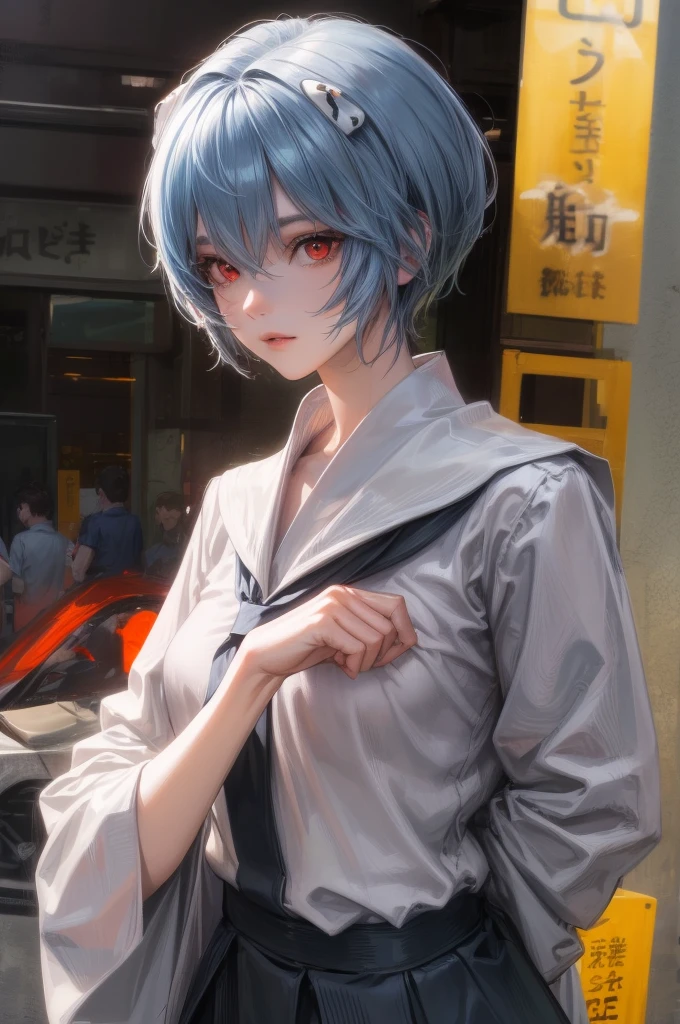 1 GIRL, reiayanami, rei ayanami, blue hair, short hair, (red eyes:1.5), ultra realistic, REALISTIC, Ultra detailed, More detailed, Japan city scenaries. Random scenaries japan, Casual Outfit, BREAK outdoors, city, BREAK looking at viewer, BREAK (masterpiece:1.2), best quality, high resolution, unity 8k wallpaper, Light particles passing through the photo, (illustration:0.8), (beautiful detailed eyes:1.6), extremely detailed face, perfect lighting, extremely detailed CG, (perfect hands, perfect anatomy),