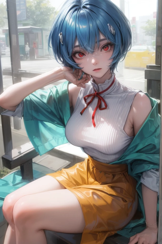 1 GIRL, reiayanami, rei ayanami, blue hair, short hair, (red eyes:1.5), ultra realistic, REALISTIC, Ultra detailed, More detailed, Japan city scenaries, Random scenaries japan, BREAK blue dress, dress, neck ribbon, pinafore dress, red ribbon, ribbon, , short sleeves, short-sleeved sweater, sweater, BREAK outdoors, city, BREAK looking at viewer, BREAK (masterpiece:1.2), best quality, high resolution, unity 8k wallpaper, (illustration:0.8), (beautiful detailed eyes:1.6), extremely detailed face, perfect lighting, extremely detailed CG, (perfect hands, perfect anatomy),