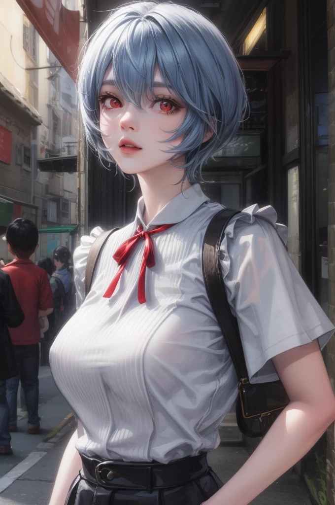 1 GIRL, reiayanami, rei ayanami, blue hair, short hair, (red eyes:1.5), ultra realistic, REALISTIC, Ultra detailed, More detailed, Japan city scenaries, Random scenaries japan, BREAK blue dress, dress, neck ribbon, pinafore dress, red ribbon, ribbon, , short sleeves, short-sleeved sweater, sweater, BREAK outdoors, city, BREAK looking at viewer, BREAK (masterpiece:1.2), best quality, high resolution, unity 8k wallpaper, (illustration:0.8), (beautiful detailed eyes:1.6), extremely detailed face, perfect lighting, extremely detailed CG, (perfect hands, perfect anatomy),