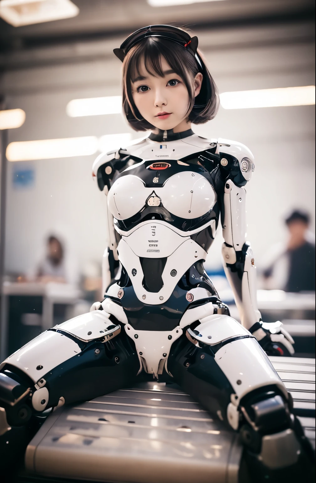 masterpiece, best quality, extremely detailed, 8K portrait,1girl in, Japanese android girl,android teacher,Plump , control panels,android,Droid,Mechanical Hand, ,Robot arms and legs, Black hair,Mechanical body,Blunt bangs,White Robotics Parts,perfect robot woman,Charging spot,perfect mechanical body,white robotics body,android assembly plant,white body,She has repaired,black sponge joints,android,laboratory,perfect machine body,white robot body,blue eyes, kitten, sitting, spread legs, 