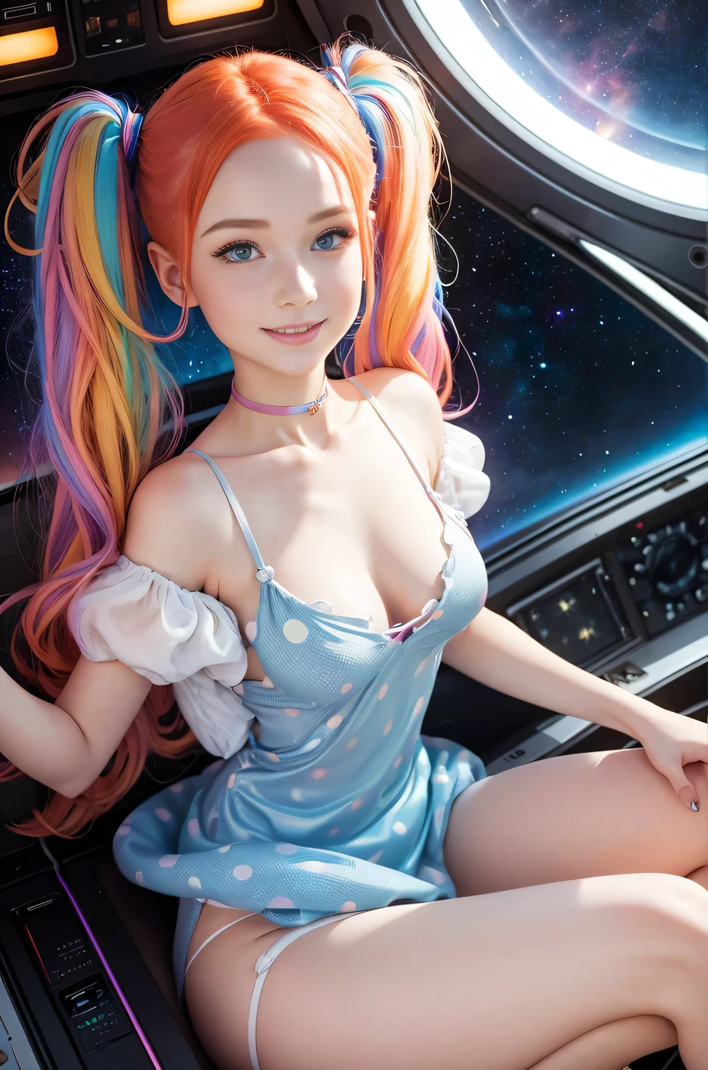 (overhead view) Cute redhead with rainbow colored hair tips, ribbons in her hair, 18-year-old woman, happy, smiling, in twin tails, perfect eyes, clear sparkling blue eyes, pale skin, silky smooth white skin, alabaster skin, flying a fancy metal luxurious space ship, futuristic cockpit, she's a pilot, she's laying down, outer space seen in windows, dark warm lighting, wearing a futuristic dress, low cut top, pleated (chemise) mini dress (pastel rainbow colors, and polka dots), puffy sleeves, silk, wearing pantyhose, her legs spread.